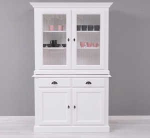 Bufet alb cu vitrina 2 usi si 2 sertare lemn masiv Provance 126 cm