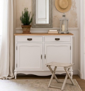 Bufet Shabby Artisan cu 2 usi si 2 sertare lemn masiv tei, alb + natur antichizat