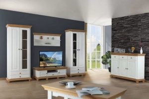 Set mobila living Bella Moon din lemn masiv, 5 piese, alb unt /miere
