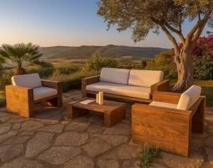 Set Mobilier living Grand Cymbala, canapea si 2 fotolii din grinzi solide lemn masiv - Img 4