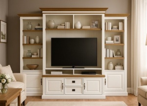 Biblioteca cu spatiu TV Stejar Harmony din lemn masiv si mdf, 326 x 38/48 x 220 cm - Img 3