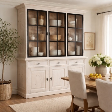 Biblioteca cu vitrina Woodcraft cu 3 usi sticla si 3 usi lemn masiv White Wash