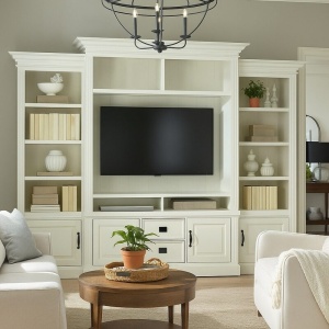 Biblioteca Harmony cu spatiu TV din lemn masiv si mdf alb, 326 x 38/48 x 220 cm