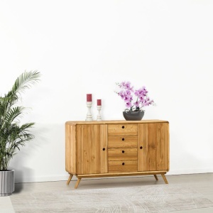 Bufet cu 2 usi si 4 sertare Skandi din Lemn masiv 133 x 45 x 85 cm