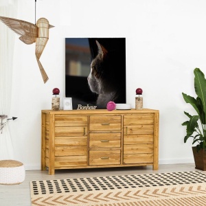 Bufet Gold Wood cu 2 usi si 3 sertare din lemn masiv, culoare naturala