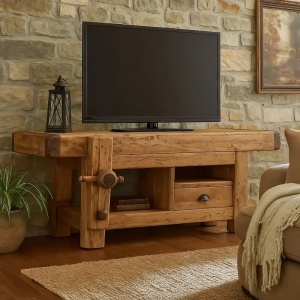 Comoda TV Artisan model banc tamplar din lemn masiv tei, natur antichizat