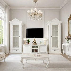 Set de mobila living Imperial Lux model Serenata Alb, 2 vitrine si comoda TV