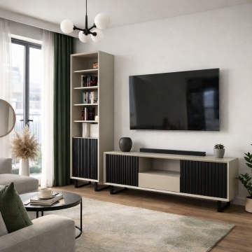 Set mobila de living Piannova din lemn masiv negru + mdf gri, 2 piese
