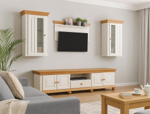 Set mobila living Bella Sun din lemn masiv, 4 piese alb unt/miere