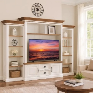 Biblioteca cu spatiu TV Stejar Harmony din lemn masiv si mdf, 286 x 38/48 x 220 cm