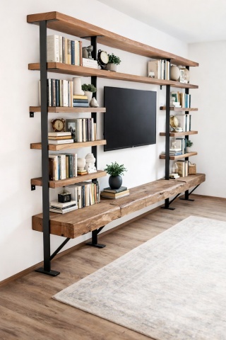Biblioteca Etajera Woodcraft Stejar Masiv Rustic, 300 x 30 x 240 cm - Img 3