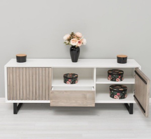 Comoda TV Piannova cu 2 usi si 1 sertar din lemn masiv si mdf alb, 160 x 40 x 60 cm - Img 3