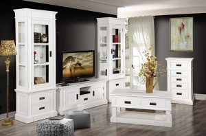 Set mobilier living Retro Charm din lemn masiv alb, 4 piese mobilier