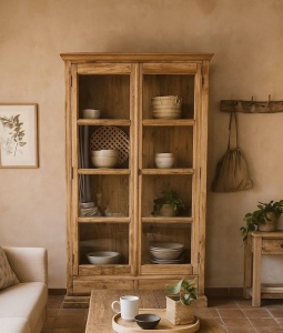 Vitrina Artizan lemn masiv tei natur antichizat, 109 x 36 x 180 cm
