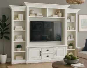 Biblioteca cu spatiu TV Harmony din lemn masiv + mdf alb, 286 x 38/48 x 220 cm