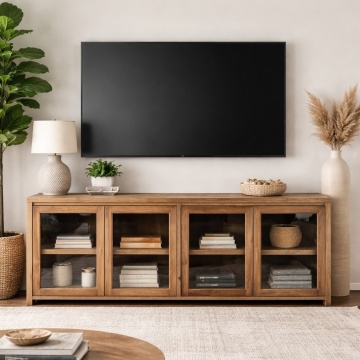 Bufet cu 4 usi sticla Terrano, Lemn Masiv Stejar, 229 x 46 x 71 cm