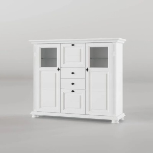 Bufet cu vitrina Perla din lemn masiv alb unt, 137.5 × 41 × 115 cm