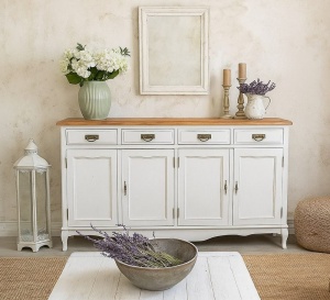 Bufet Shabby Artisan cu 4 usi si 4 sertare, lemn masiv tei, alb + natur antichizat