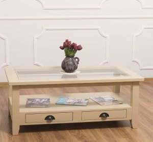 Masuta living Provance cu blat din sticla si 2 sertare lemn masiv 120 cm