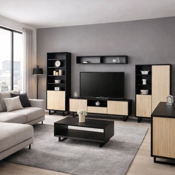 Set living Piannova cu 5 piese din lemn masiv + mdf negru, personalizabil