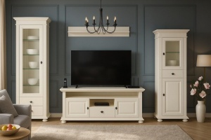 Set mobila living Perla lemn masiv alb unt, 4 piese, config. 04