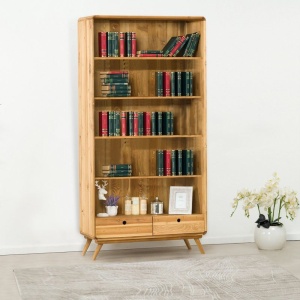Biblioteca Skandi cu 2 sertare si 4 etajere, Lemn masiv 100 x 40 x 200 cm