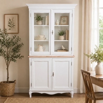 Bufet cu vitrina Shabby Artisan 4 usi, lemn masiv tei, alb + natur antichizat