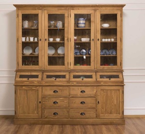 Bufet lemn masiv dining Provance cu vitrina, 6 usi si 6 sertare 214 cm