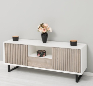 Comoda TV Piannova cu 2 usi si 1 sertar din lemn masiv si mdf alb, 160 x 40 x 60 cm - Img 7