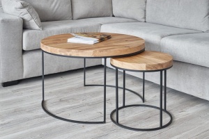 Set de 2 masute de cafea Delphi, lemn masiv stejar natur + metal negru - Img 3