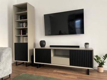 Set mobila de living Piannova din lemn masiv negru + mdf gri, 2 piese - Img 2