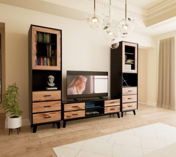 Set mobila living Nouvelle din 3 piese, lemn masiv si mdf negru
