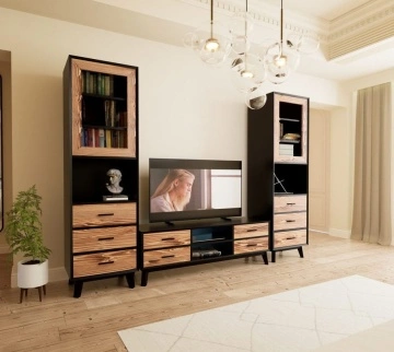 Set mobila living Nouvelle din 3 piese, lemn masiv si mdf negru