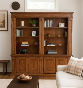 Biblioteca Artisan cu 4 usi nuc antichizat din lemn masiv tei, 230 cm