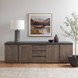 Bufet Minna 3 sertare si 4 usi, stejar masiv + microciment, 254 x 46 x 71 cm
