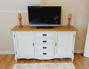 Bufet Shabby Artisan din lemn masiv tei cu 2 usi si 3 sertare alb + natur antichizat - Img 4
