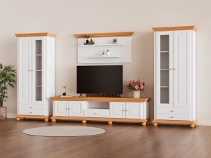 Comoda TV Bella Duo lemn masiv alb unt / miere, 250 x 45 x 55 cm - Img 2