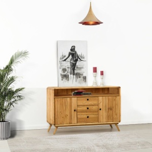 Comoda TV tip bufet Skandi cu 2 usi 3 sertare din Lemn masiv, 100 x 40 x 85 cm