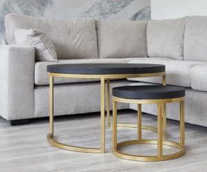 Set de 2 masute de living Delphi, lemn masiv stejar negru + metal auriu