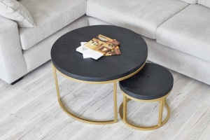 Set de 2 masute de living Delphi, lemn masiv stejar negru + metal auriu - Img 2