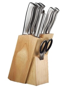 Set 5 cutite inox , ascutitor, foarfeca, suport lemn.