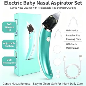 Aspirator nazal electric silentios pentru copii si bebelusi, curatarea nasului in 3 trepte de aspirare, doua capete de silicon marimi diferite, portabil, incarcare USB, usor de utilizat, verde - Img 2