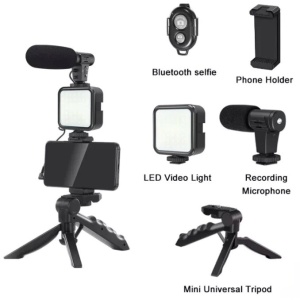 Kit de vlogging pentru smartphone, trepied, microfon, panou LED, telecomanda bluetooth, suport reglabil telefon - Img 3