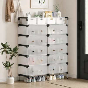 Raft Pliabil pentru Pantofi, 5 Nivele, 10 Compartimente, 87 × 29 × 110 cm, Alb Translucid cu Cadru Negru - Img 3