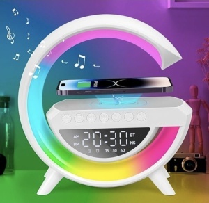 Lampa Smart LED si Incarcator Wireless 15W, Lumini Ambientale, Sincronizare muzicala, Difuzor 5W, Muzica Bluetooth, USB, FM Radio, MicroSD, AUX, Afisaj Ceas Digital, Alarma - Img 4