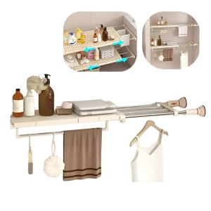 Separator telescopic extensibil pentru rafturi de dulap, reglabil 70-120 cm, cu ventuza, pentru compartimentarea dulapului, din metal si ABS, alb