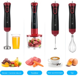 Set Blender 5 in 1, 500W, profesional, Lama din Otel inoxidabil, Silentios, trepte de viteza, Cana 500ml, Tocator 500ml, Accesoriu pentru Spumat laptele, Multifunctional - Img 4