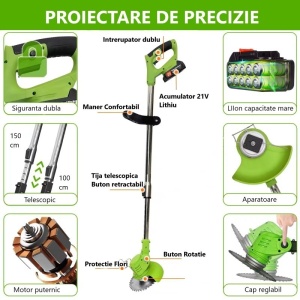 Motocoasa Cu Roți, Trimmer Iarbă Si Gard Viu, 2 Acumulatori Li Ion 21V/2.0Ah - Img 2