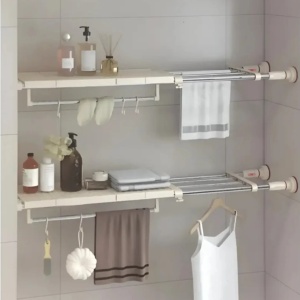 Separator telescopic extensibil pentru rafturi de dulap, reglabil 70-120 cm, cu ventuza, pentru compartimentarea dulapului, din metal si ABS, alb - Img 8