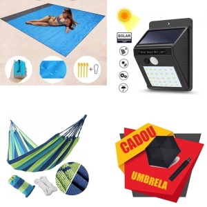Pachet - Covoras Plaja, Picnic BeachMat, Lampa Solara cu Senzor de Miscare, Hamac din Bumbac cu Husa + Umbrela CADOU